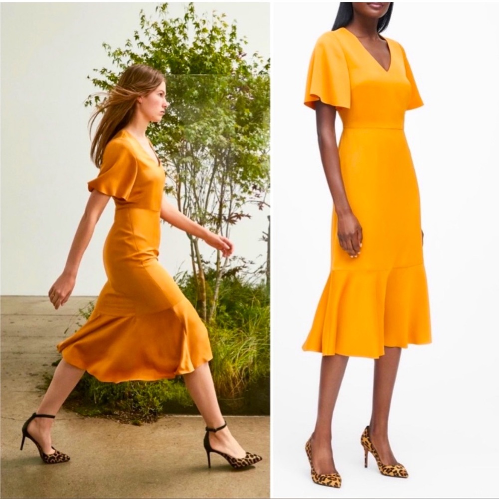 Banana Republic Midi Dress Satin Yellow Flutter Sleeve Flounce Hem 8 Petite